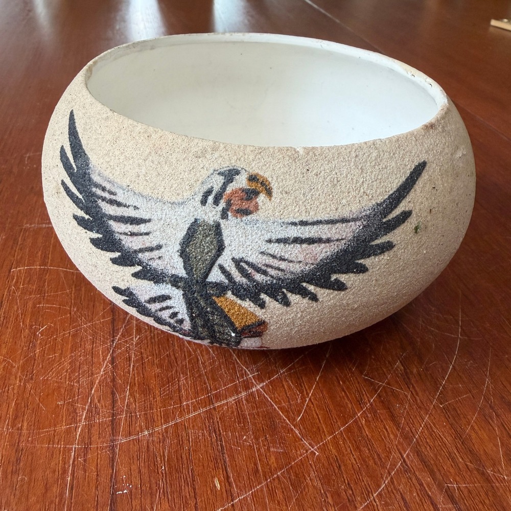 Hand Painted Sand Art Textured Pottery Bowl Eagle Desert Mountain Southwestern